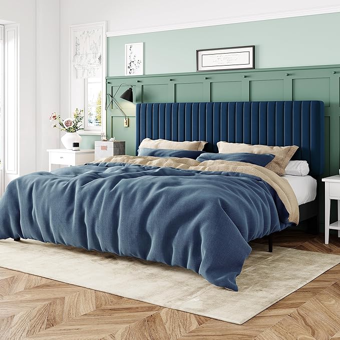 Velvet Upholstered Platform Bed with Adjustable Vertical Channel Tufted Headboard