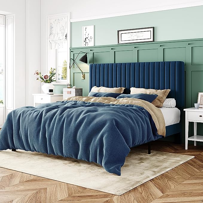 Queen Bed Frame, Velvet Upholstered Platform Bed with Adjustable Vertical Channel