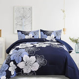 Floral Bed Comforter Set King - Blue Floral Pattern Printed on Grey