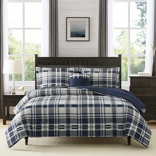 Queen Comforter Set, Plaid Design Comforter Set 7 Pieces