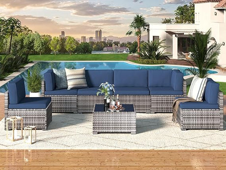 7 Piece Outdoor Patio Furniture Set, Black PE Rattan Wicker Sofa Set