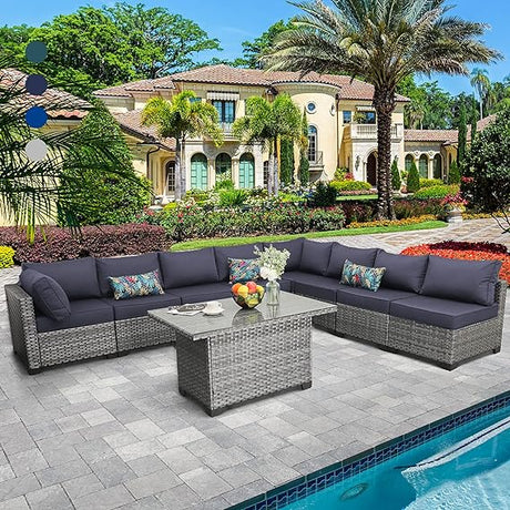 Patio Furniture Sectional Sofa Set 9 Pieces Outdoor Wicker Furniture Couch Storage Glass