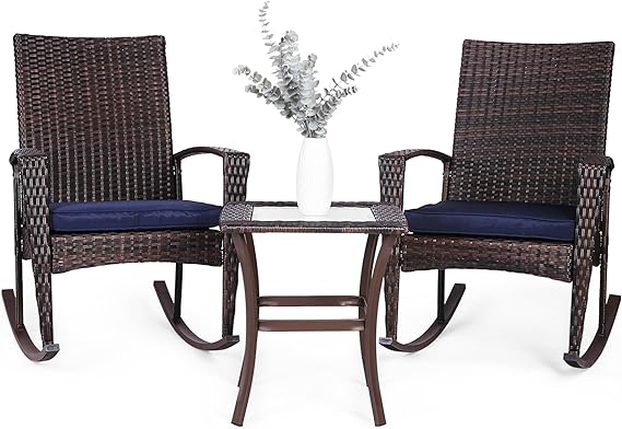 3 Piece Wicker Rocking Chair Patio Furniture Sets, Outdoor Wicker Bistro Rattan Chair