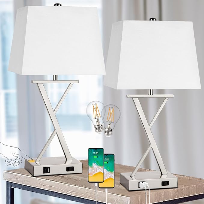 Set of 2 Crystal Table Lamp, 3-Way Dimmable Touch Control Lamp with Dual USB Ports