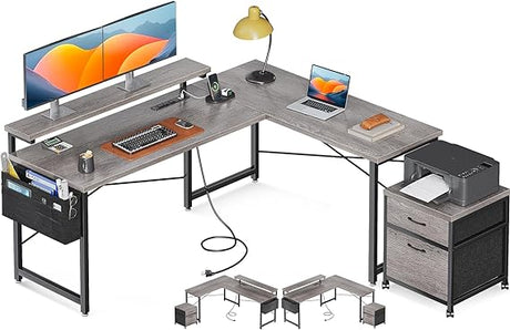 L Shaped Computer Desk, 55" Office Desk with File Cabinet