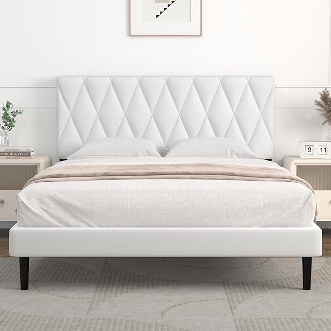 Queen Bed Frame Upholstered Platform with Headboard and Strong Wooden Slats