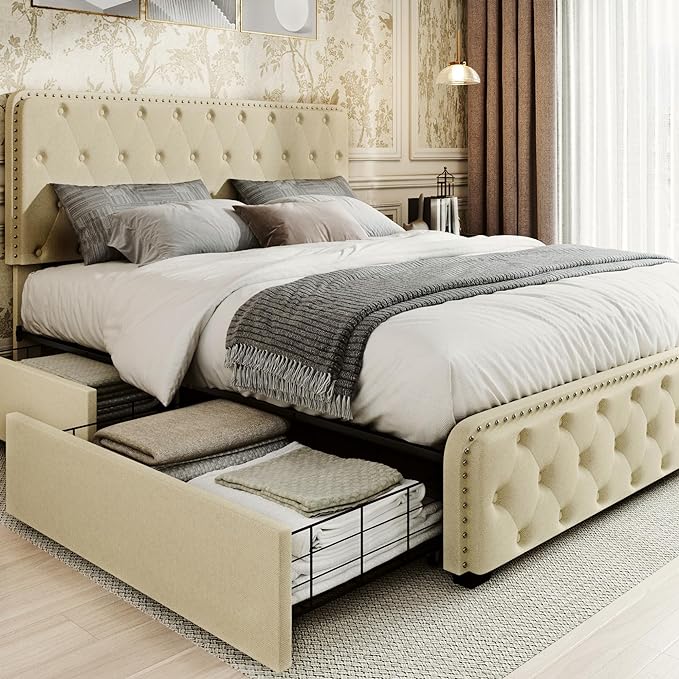 Queen Bed Frame with Headboard Storage Drawers of 4 Upholstered Bed Frame Platform