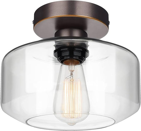 Industrial Semi Flush Mount Ceiling Light, Clear Glass Pendant Lamp Shade