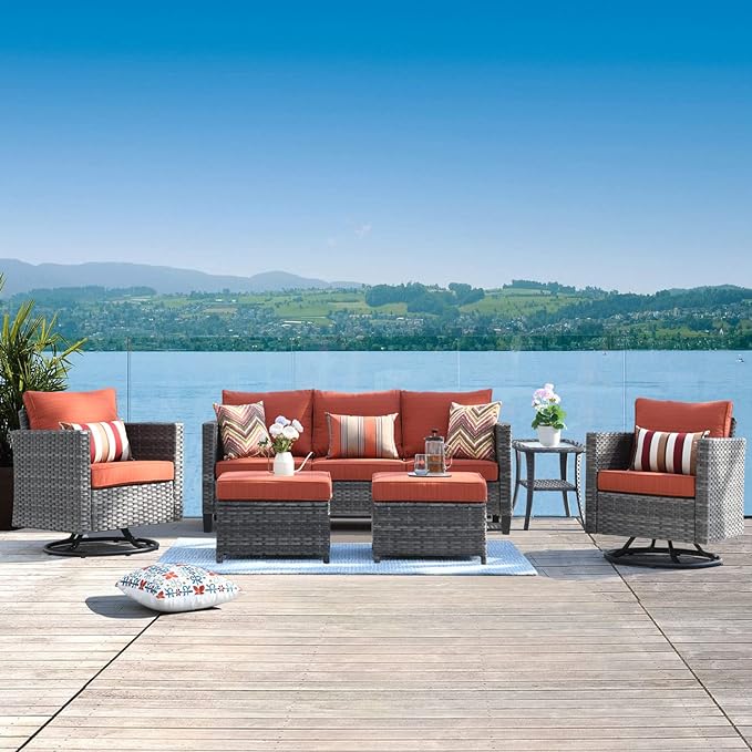 6 Piece Outdoor Sofa Couch with Rocking Swivel Chairs