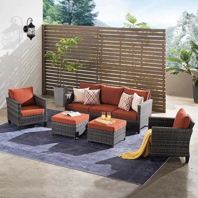 Outdoor Wicker Rattan Sofa Couch with Chairs and Ottomans