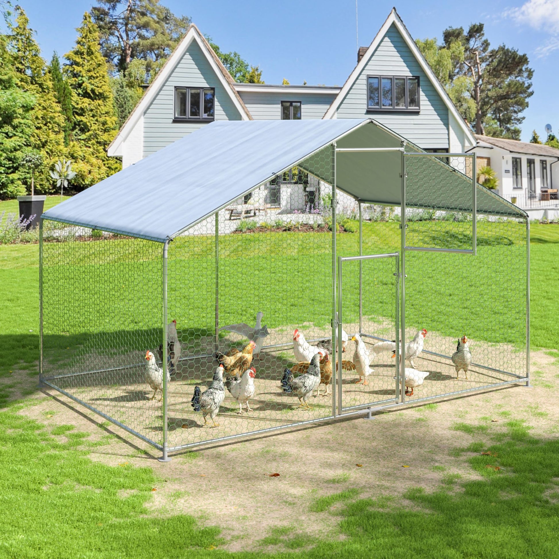 Outdoor metal poultry enclosure with predator-proof wire mesh