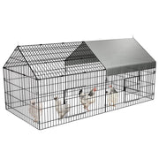 Outdoor pet enclosure with gravity-locking door