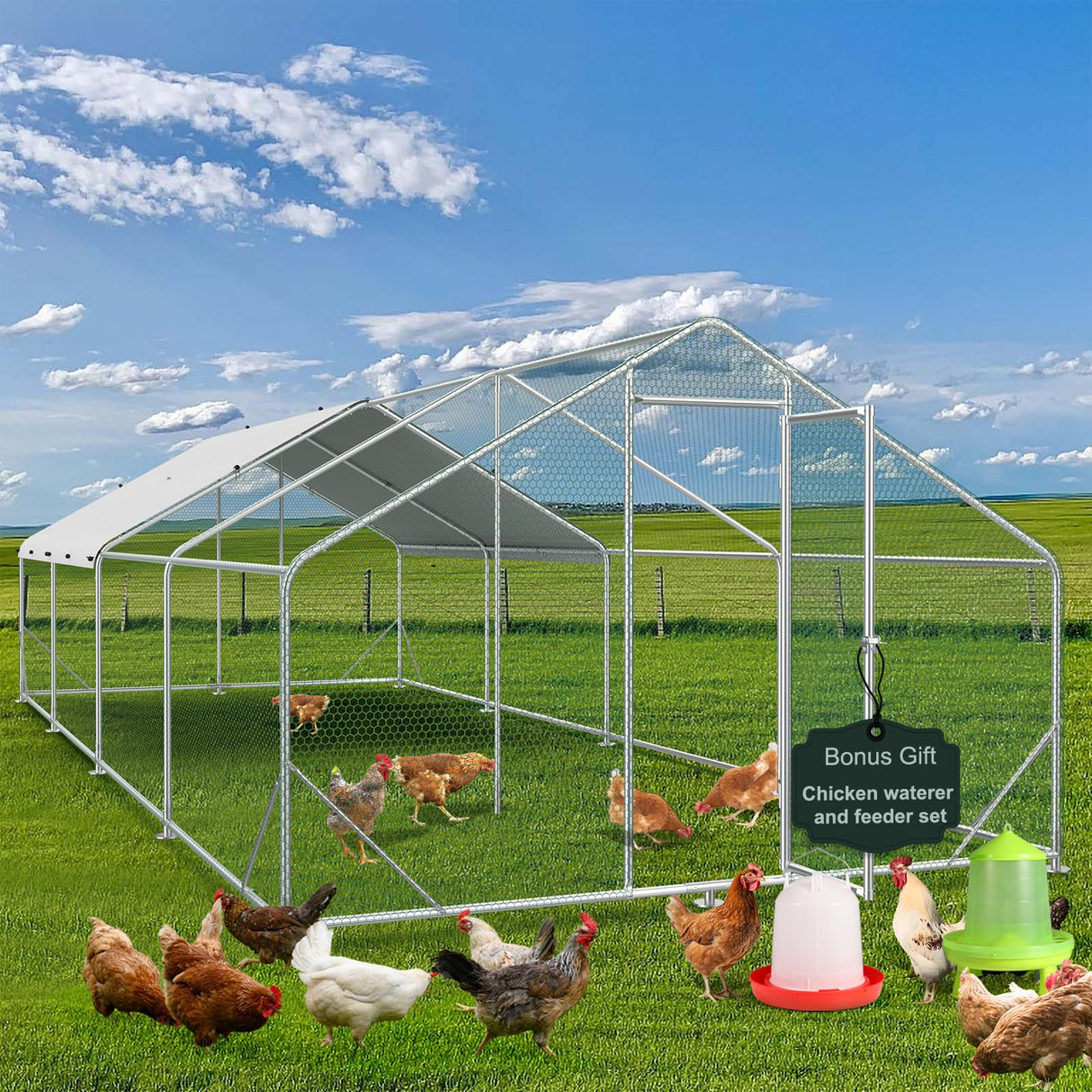 Outdoor poultry cage with galvanized steel frame and PE UV rain cover – perfect for chickens and ducks.