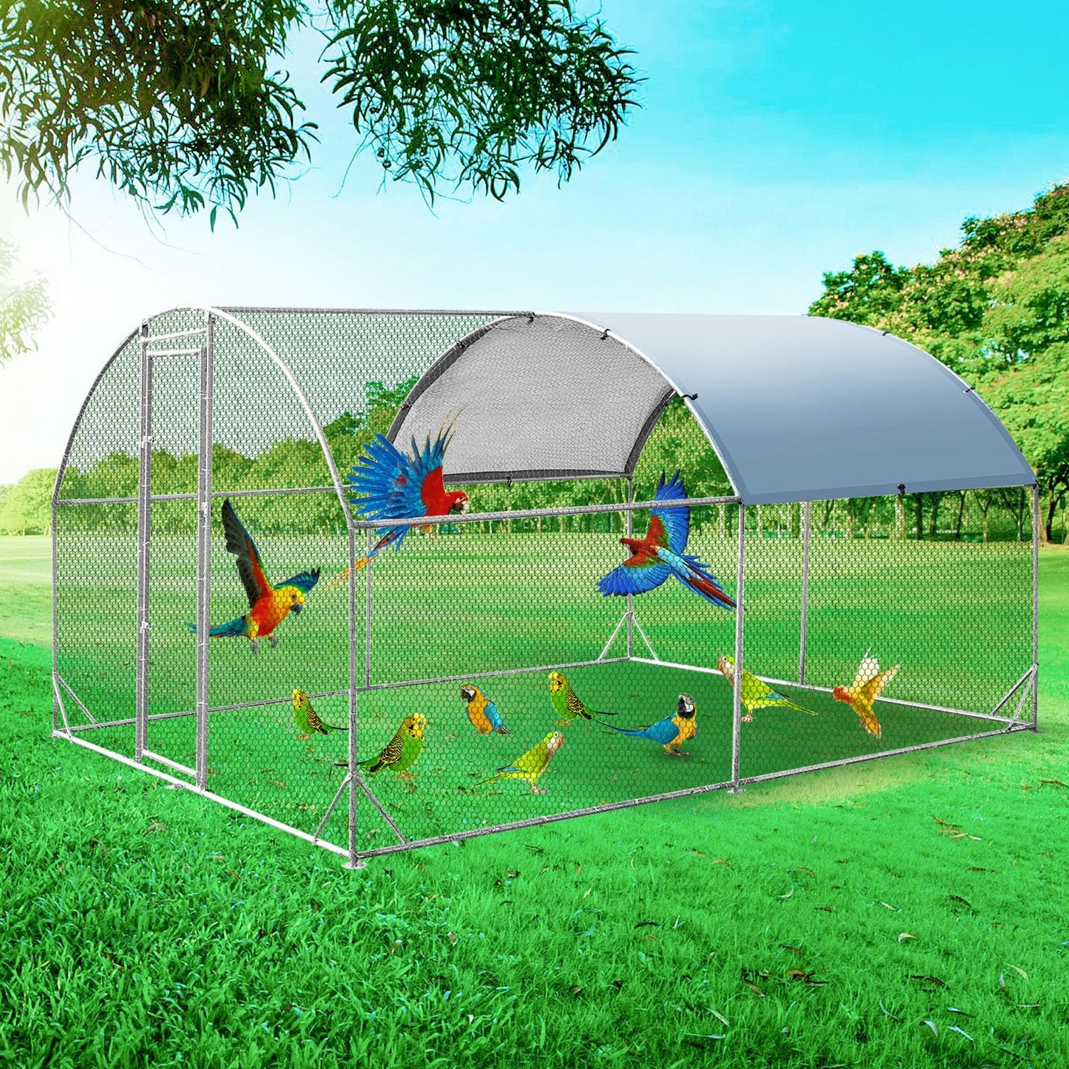 Outdoor poultry cage with triangular supports and predator-proof mesh