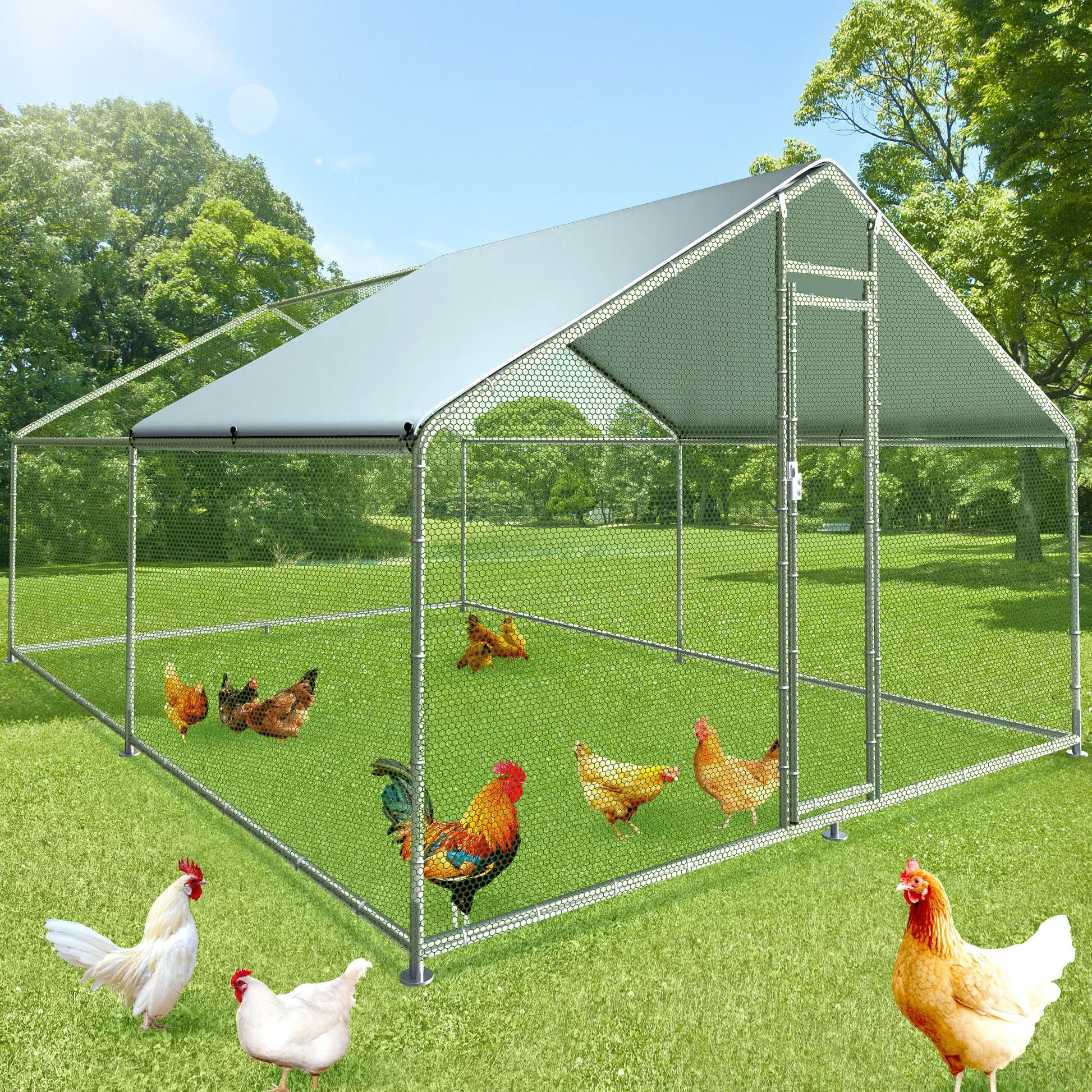 Outdoor poultry run with PVC-coated mesh and snap-pin frame design
