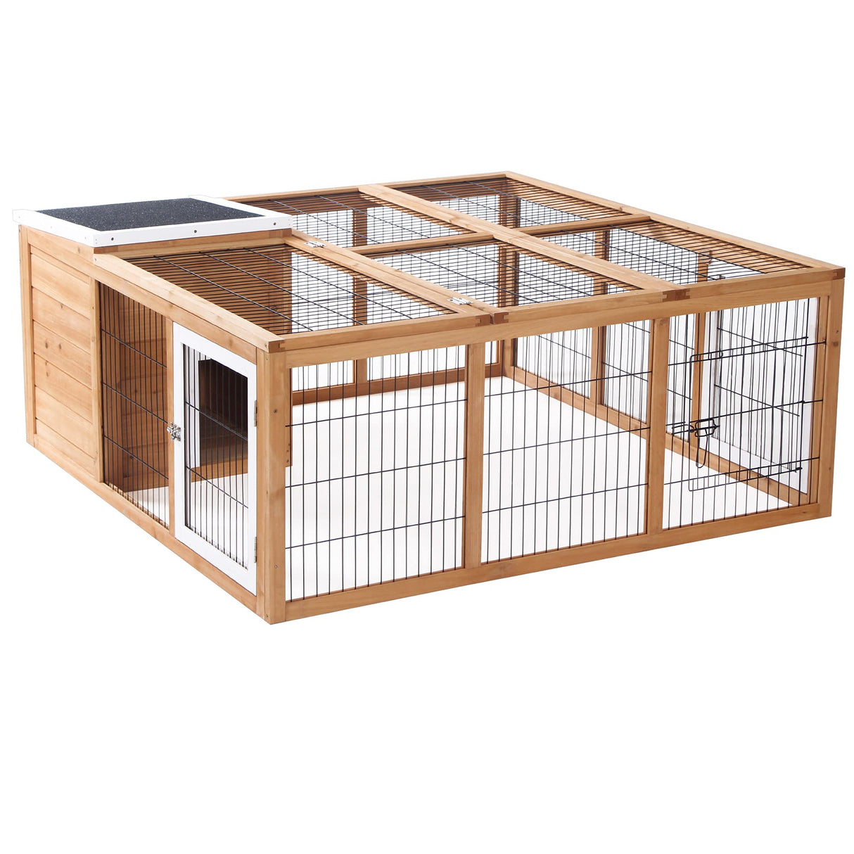 Outdoor wooden bunny cage in natural or gray with front and top access