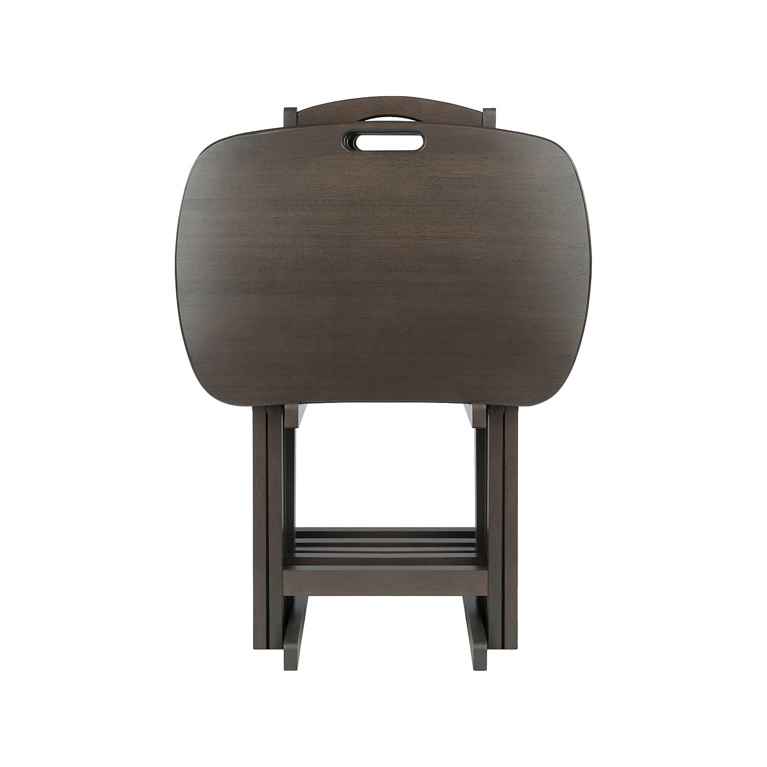 Oval snack tables with handle cutouts in gray finish