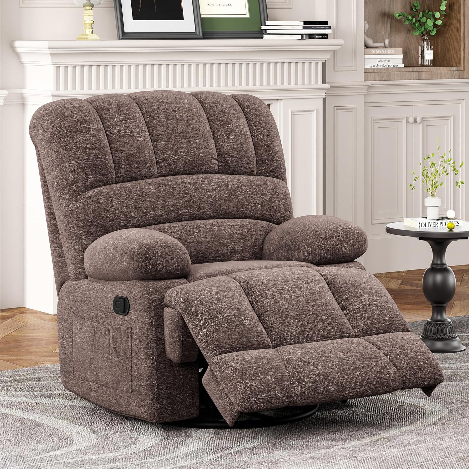 Oversized swivel rocker recliner chair in brown for adults
