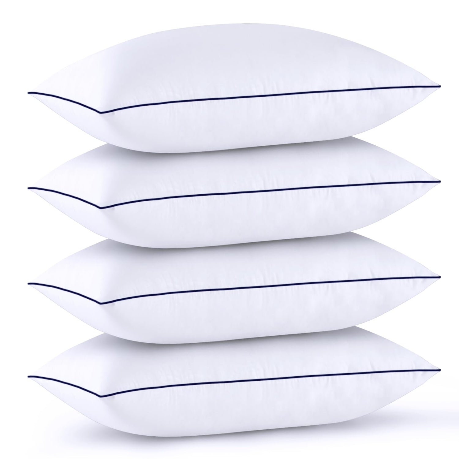 Pack of 4 soft white king size pillows stacked on top of each other with a sleek blue piping design.