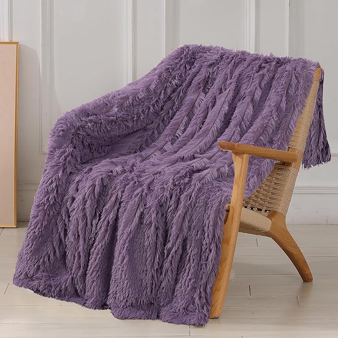 Decorative Extra Soft Faux Fur Blanket Queen Size ,Solid Reversible Fuzzy Long Hair