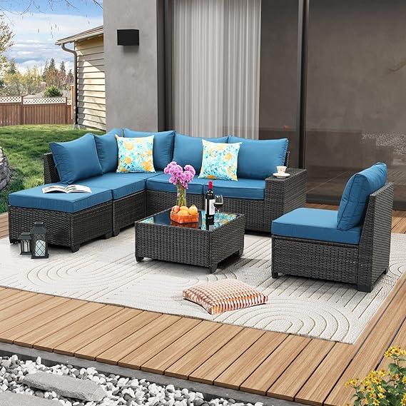 5 Pieces Patio Furniture Set All-Weather Outdoor Wicker Sectional Conversation Sofa