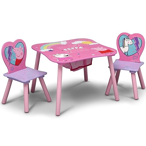 Peppa Pig kids art table with storage and 2 chairs, pink design, perfect for creative play and learning spaces.