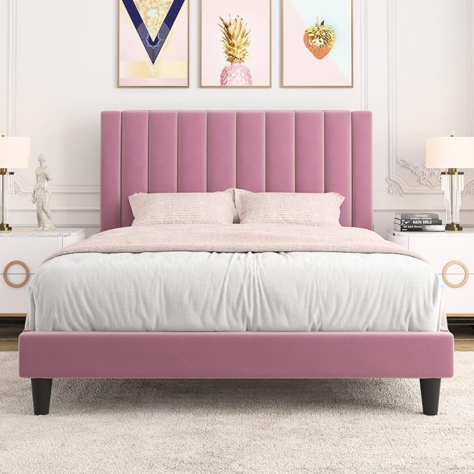 King Bed Frame/Velvet Upholstered Bed Frame with Vertical Channel Tufted Headboard