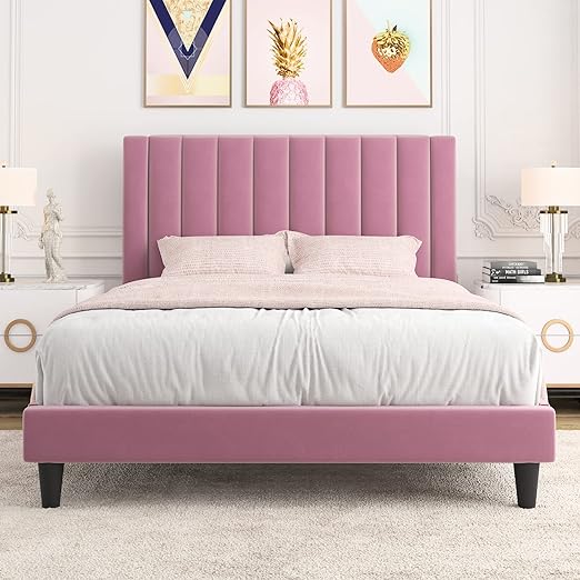 Platform Bed Frame/Velvet Upholstered Bed Frame with Vertical Channel