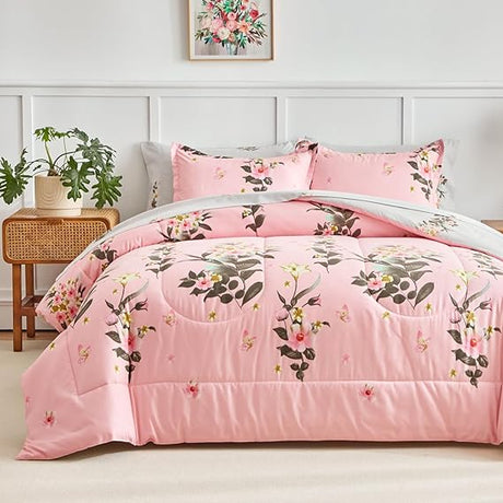 Pink and Light Purple Queen Comforter Set with Sheets, Bed in a Bag 7-Pieces