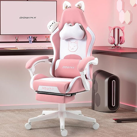 Gaming Chair Cute with Cat Ears and Massage Lumbar Support