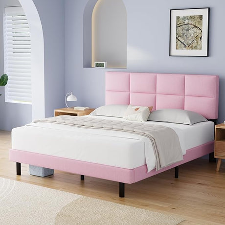 Upholstered Headboard, Strong Frame, and Wooden Slats