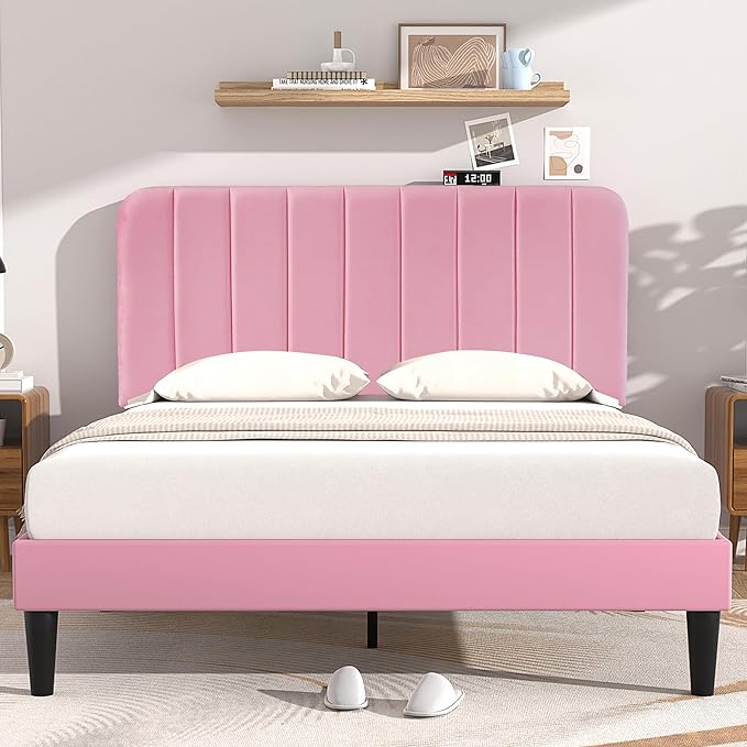 Queen Size Upholstered Bed Frame with Adjustable Headboard, Velvet Platform Bedframe