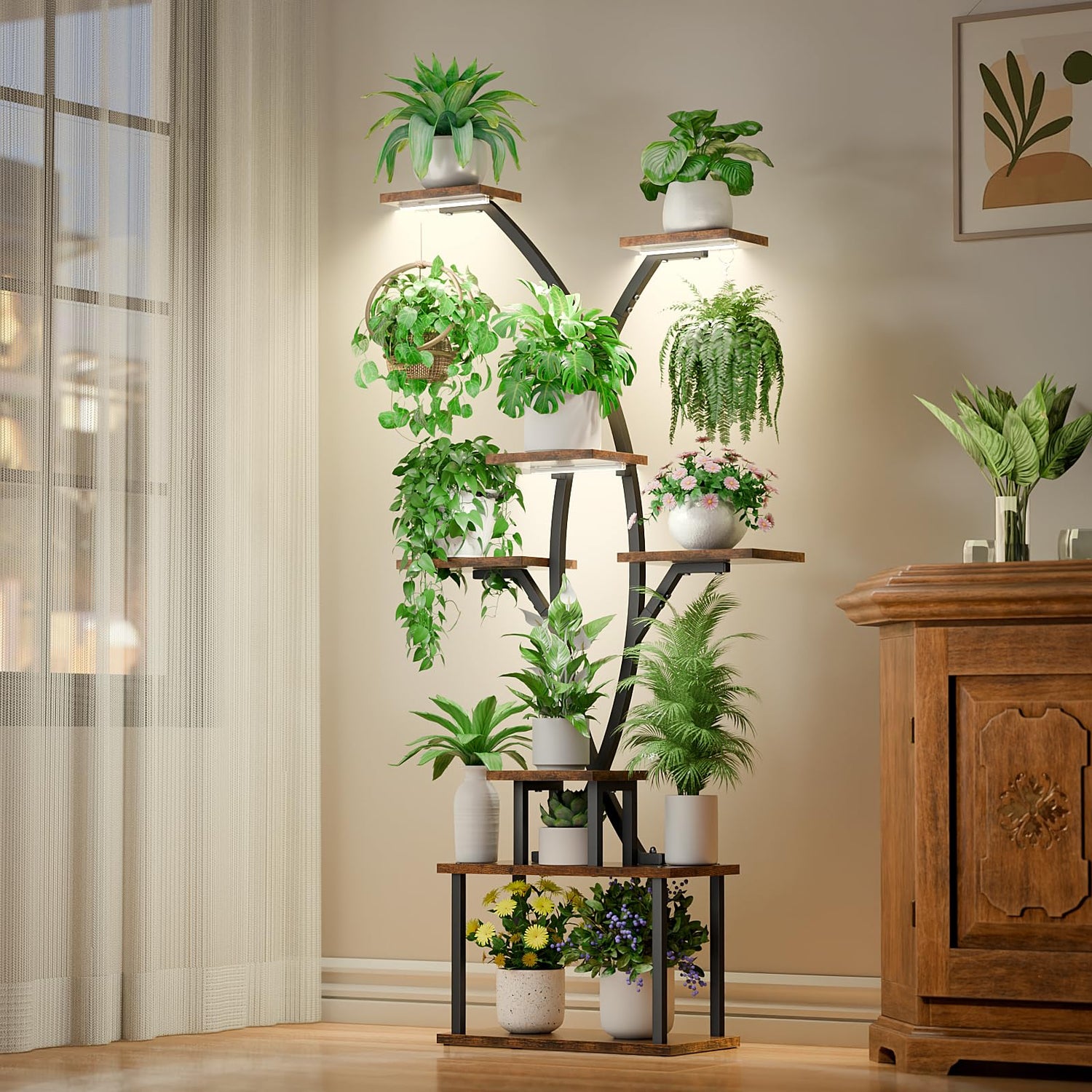PlantEdge 7 metal corner plant stand with LED grow lights