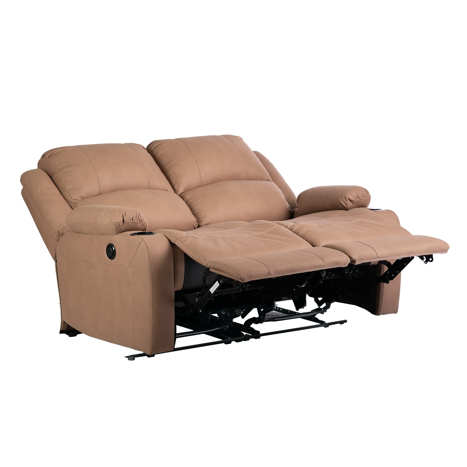 Powered recline mechanism displayed on RV loveseat