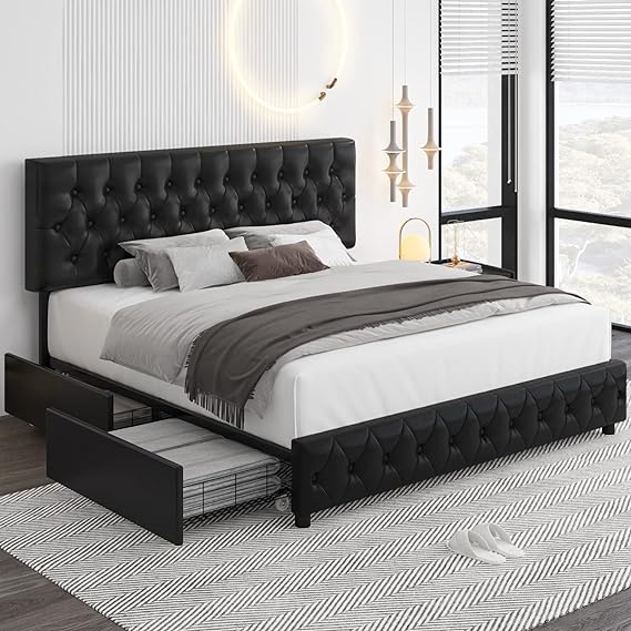 Modern Upholstered Bed Frame with 4 Storage Drawers, Button Tufted Headboard Design