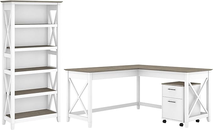 Key West 60W L Shaped Desk with Mobile File Cabinet and 5 Shelf Bookcase