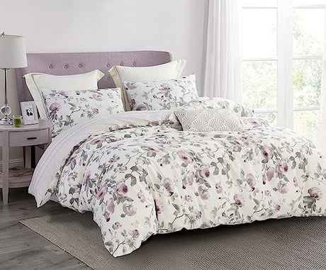 Comforter Queen Size, 600 Thread Count Cotton Blue Floral with Khaki