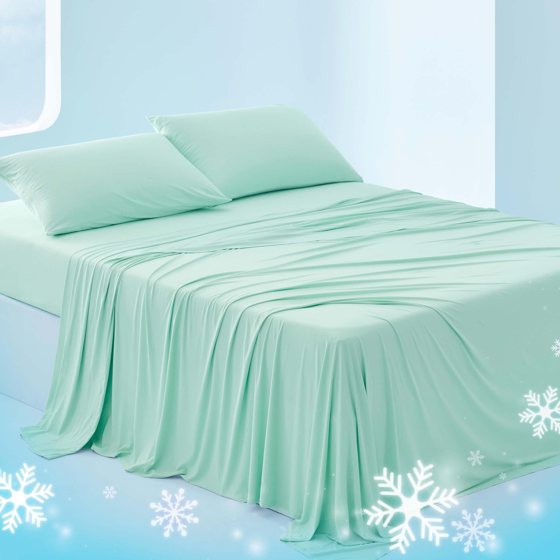 Queen bed with Brescape cooling sheets and pillowcases