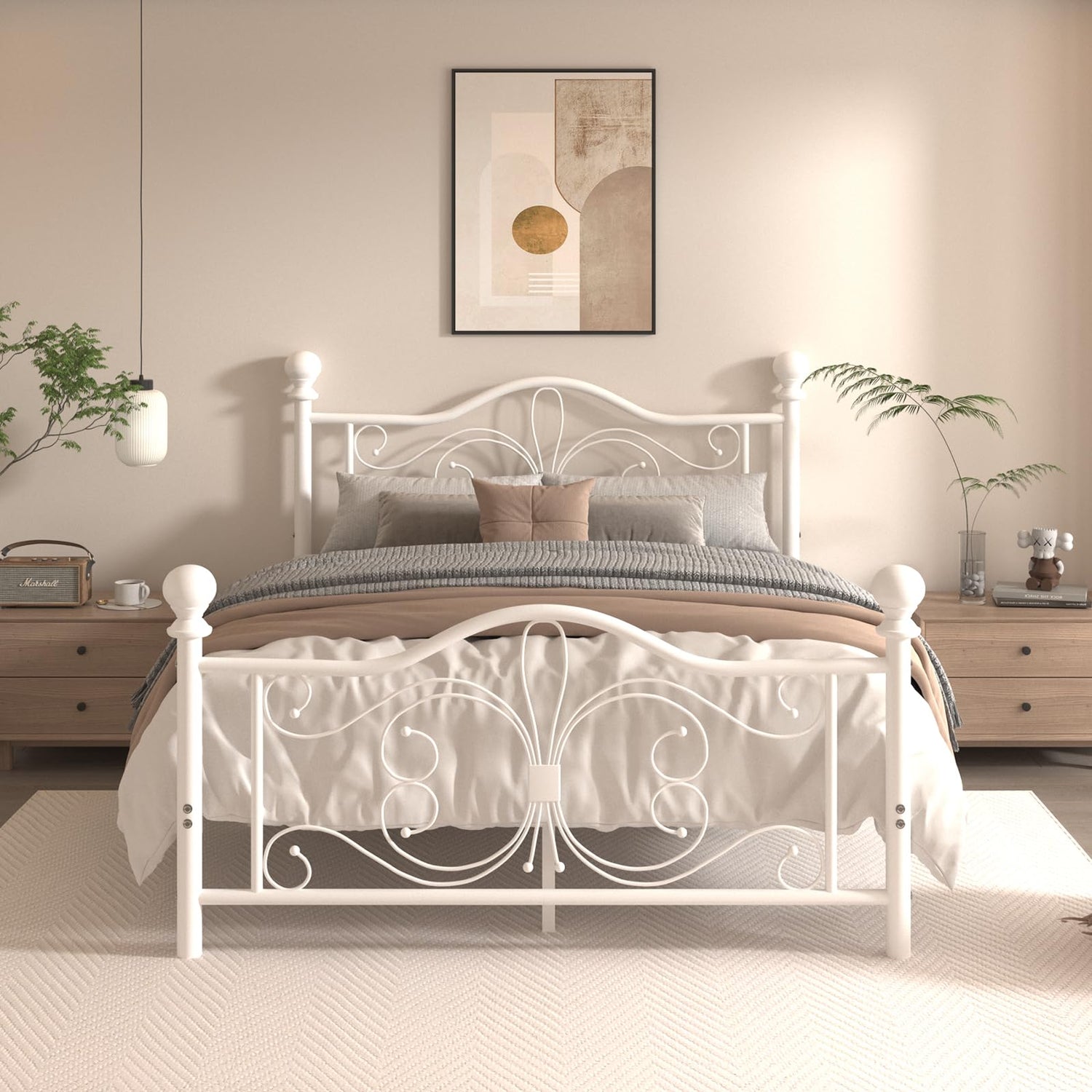 Queen-size white metal bed frame with butterfly headboard in a modern bedroom