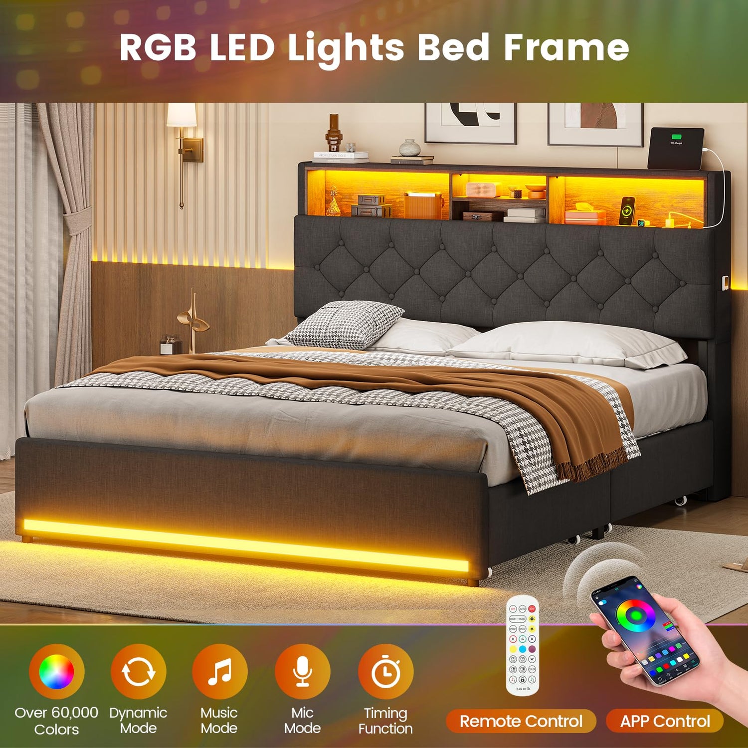 RGB LED lights on bed frame headboard with remote control