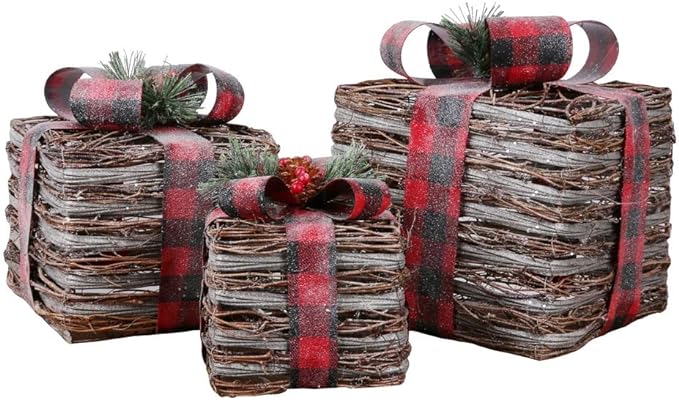 Christmas Set of 3 Pre-lit Gift Present Boxes w/ 60 LED Lights - Indoor/Outdoor Yard/Lawn Use