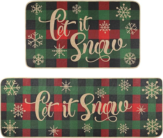 Christmas Kitchen Rug Sets 2 Piece Let It Snow Christmas Plaid Waterproof Non-Slip Kitchen Mats