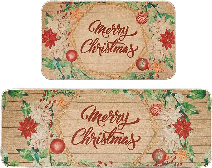Christmas Kitchen Rug Sets 2 Piece Let It Snow Christmas Plaid Waterproof Non-Slip Kitchen Mats