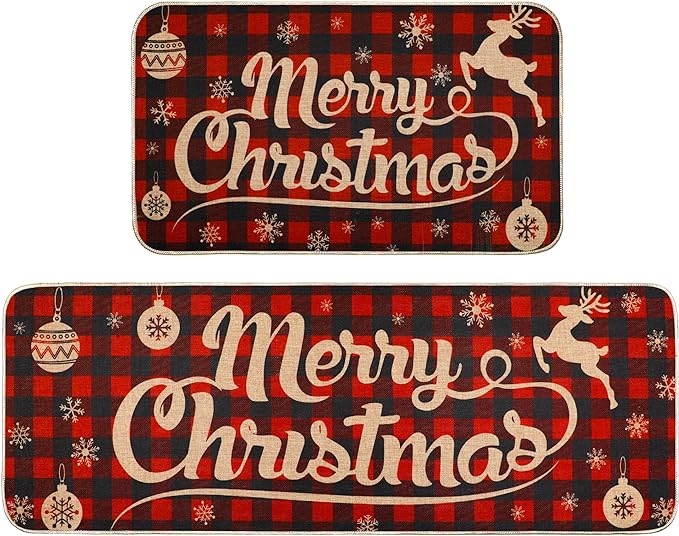 Christmas Kitchen Rug Sets 2 Piece Merry Christmas Flax Waterproof Non-Slip Kitchen Mats