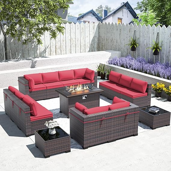 Outdoor Patio Furniture Set with Gas Fire Pit Table, 13 Pieces Patio Sectional Sofa