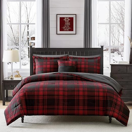 Queen Comforter Set, Plaid Design Comforter Set 7 Pieces