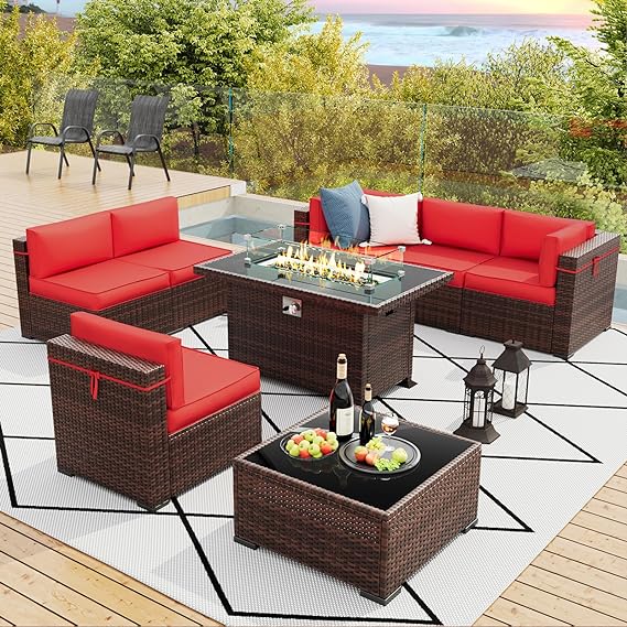 8 Pieces Patio Furniture Set Outdoor with Gas Fire Pit Table