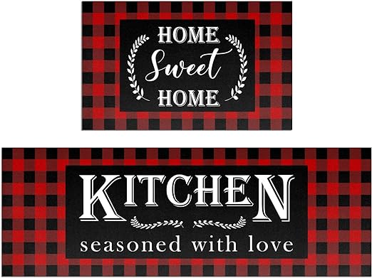 Buffalo Plaid Snow Santa Claus Christmas Kitchen Rugs Set of 2