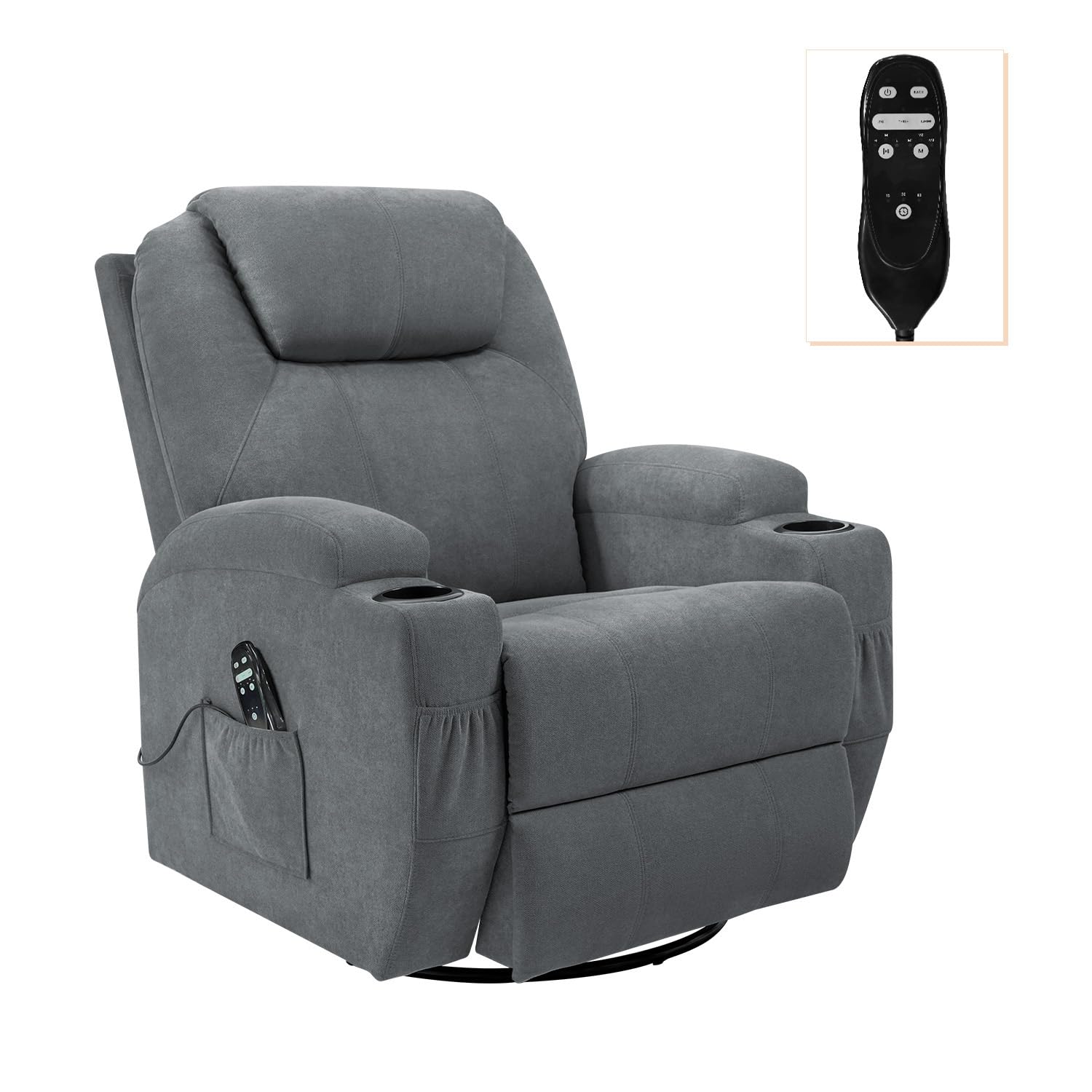 RelaxNest Grey Swivel Recliner with Massage and Cup Holders