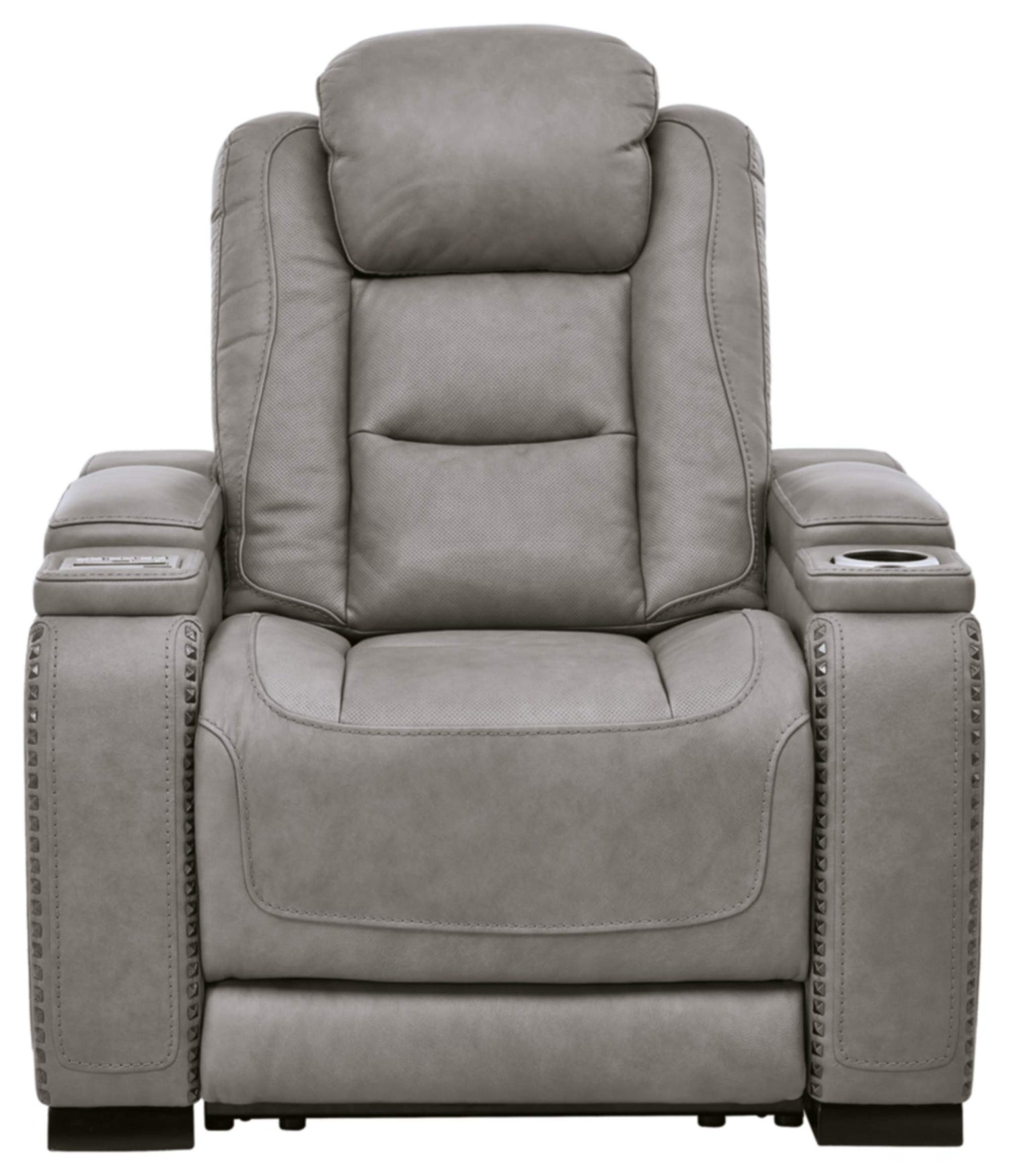 RelaxPro Volt leather power recliner in gray with wireless charging and USB


